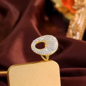 Authentic Women Stylish Gold Plated Cubic Zirconia Adjustable Big Geometrical Ring Jewelry