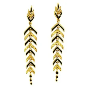 Authentic Stylish Gold Plated Black Enamel Leaf Long Designer Earrings for Women BIE1063_A