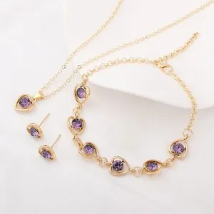 Authentic Stylish Crystal Heart Necklace & Earrings With Bonus Bracelet Set Gold Plated