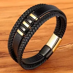 Authentic BLACK GOLD PLATED 3 LAYERS STYLISH DESIGN PU LEATHER BRACELET FOR MEN