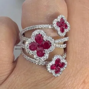 Authentic 3.20Ctw Round Cut Lab Created Red Ruby Flower Wedding Ring 14K White Gold Plated