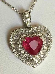 Authentic 14K White Gold Plated 4Ct Heart Cut Lab-Created Ruby & Diamond Pendant Necklaces
