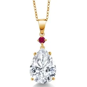 Authentic 18K Yellow Gold Plated Silver Created Ruby Pendant with Chain Set with