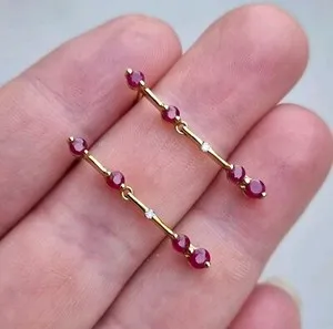 Authentic Round Cut Simulated Pink Ruby Fancy Drop Dangle Earring 14k Yellow Gold Plated