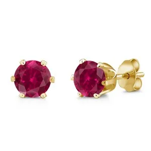 Authentic 3.10 Ct Round 7mm Red Created Ruby Yellow Gold Plated Stud Earrings