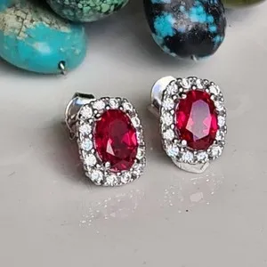 Authentic 925 Sterling Silver 2CT Oval Ruby+ White Sapphire Earrings 14k White Gold-plated