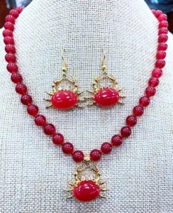 Authentic Yellow Gold Plated Red Ruby Jade Inlay Crab Pendant Necklace Earrings