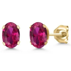 Authentic 1.00 Ct Oval 6x4mm Red Created Ruby 18K Yellow Gold Plated Silver Stud Earrings