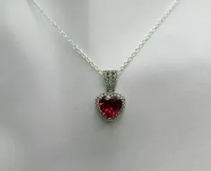 Authentic Lab-Created Red Ruby 2Ct Heart Cut Halo Pendant Neckless 14K White Gold Plated