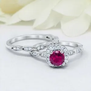 Authentic 2ct Ruby Lab-Created Moissanite Bridal Set Engagement Ring 14k White Gold Plated