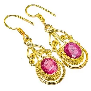Authentic Crimson Flame Lab-Created Ruby 18k Gold Plated Talisman Earrings