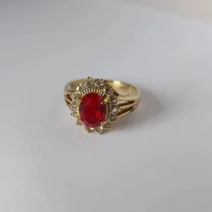 Authentic 2Ct Oval Cut Lab-Created Red Ruby 14K Yellow Gold Plated Engagement Halo Ring