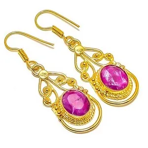 Authentic Ruby (Lab-Created) Gemstone 18k Yellow Gold Plated Earring 1.95" E7-634