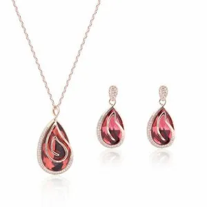 Authentic 18K Gold plated Tear Drop Ruby Color Crystal Necklace Set