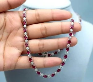 Authentic 19Ct Oval Cut Lab-Created Ruby Tennis Necklace 14K White Gold Plated Size 18"