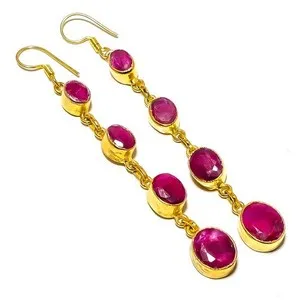 Authentic Ruby (Lab-Created) Gemstone 18k Yellow Gold Plated Earring 3.71" E7-882