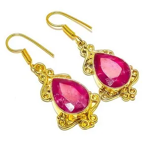 Authentic Ruby (Lab-Created) Gemstone 18k Yellow Gold Plated Earring 1.95" E7-611