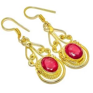 Authentic Ruby (Lab-Created) Gemstone 18k Yellow Gold Plated Earring 1.95" E7-635