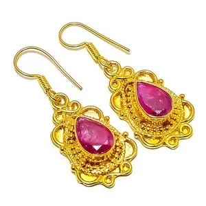 Authentic Ruby (Lab-Created) Gemstone 18k Yellow Gold Plated Earring 1.76" E7-419