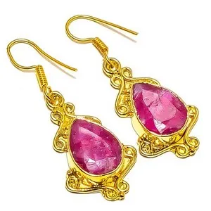 Authentic Ruby (Lab-Created) Gemstone 18k Yellow Gold Plated Earring 1.95" E7-605