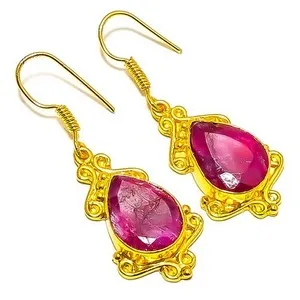 Authentic Ruby (Lab-Created) Gemstone 18k Yellow Gold Plated Earring 1.95" E7-439