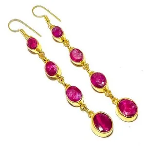 Authentic Ruby (Lab-Created) Gemstone 18k Yellow Gold Plated Earring 3.71" E7-881