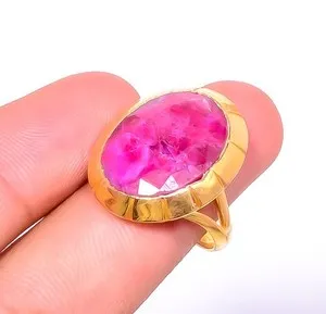 Authentic Ruby (Lab-Created) Gemstone 18k Yellow Gold Plated Ring s.9.5 R7623-389