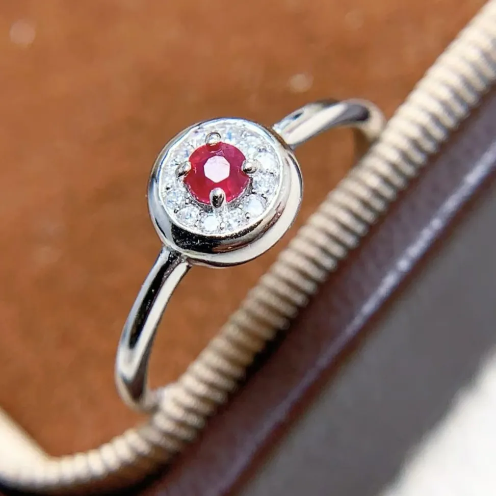 Authentic Natural Ruby Ring 925 Sterling Silver Gold Plated 3mm Round Red Gemstone Halo CZ Band Real Jewelry Certificate Luxury