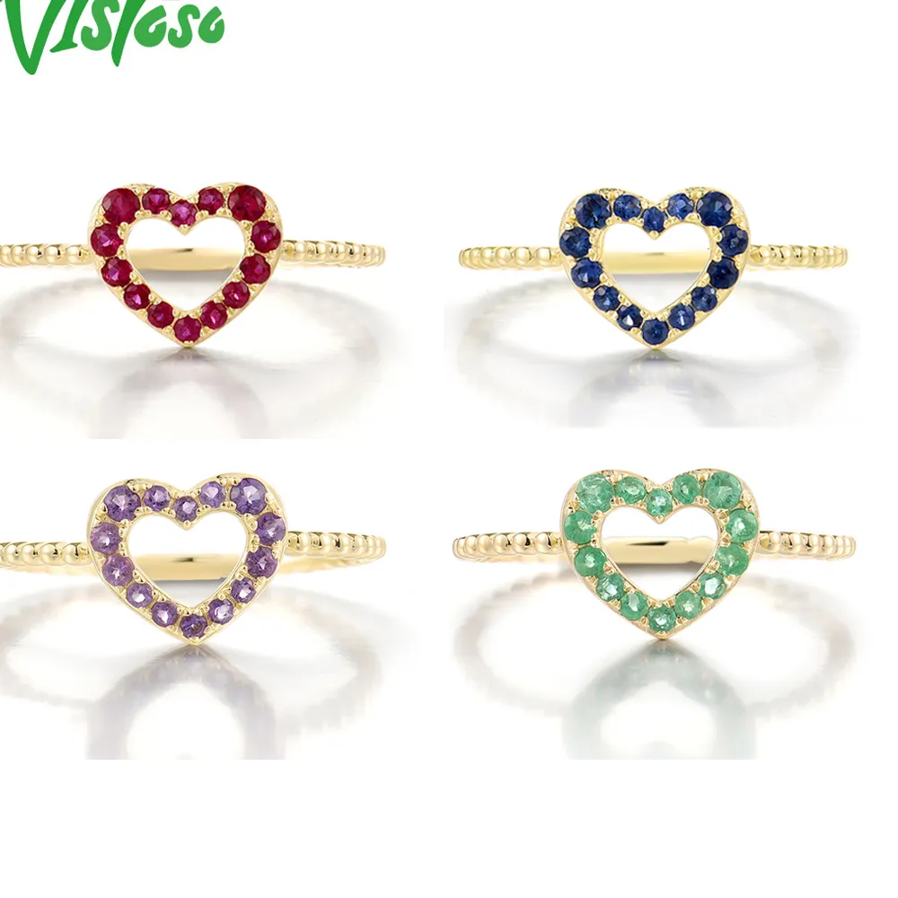 Authentic VISTOSO Genuine 14K 585 Yellow Gold Ring For Women Sparkling Amethyst/Ruby/Sapphire/Emerald Heart Shaped Ring Fine Jewelry