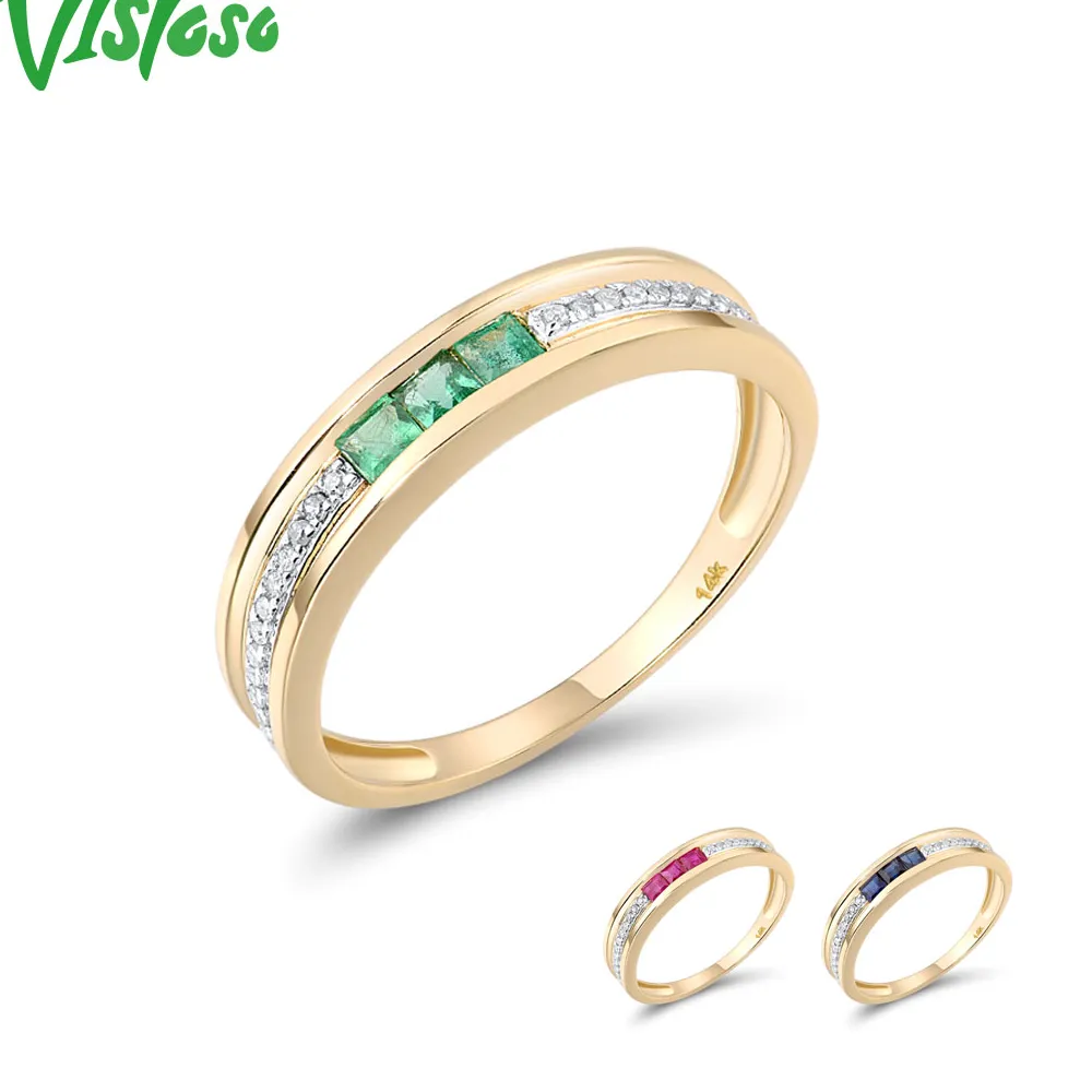 Authentic VISTOSO 14K Yellow Gold Rings For Women Shiny Diamond Square Ruby Emerald Blue Sapphire Engagement Anniversary Fine Jewelry