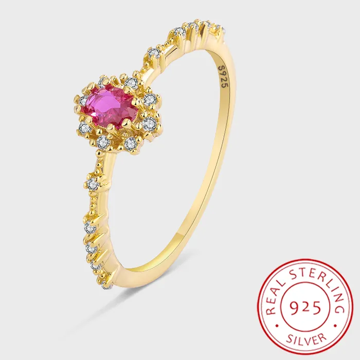 Authentic 2022 Genuine Sterling Silver Ruby 18K Gold Couple Ring For Women Girl Flower Full Diamond Office Wedding Anniver Jewelry