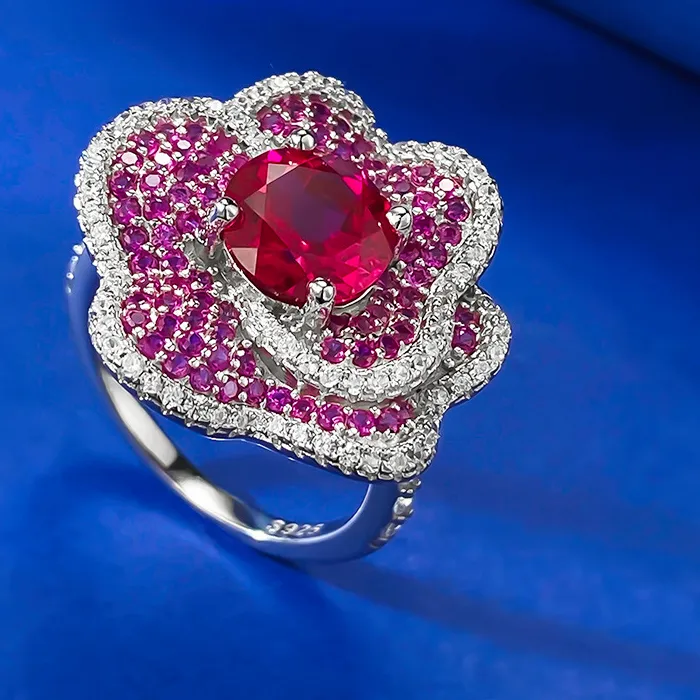 Authentic Authentic Real 925 Silver Ruby Ring for Women Anniversary Lady Flower Elegant Fine Birthday Bride Jewelry