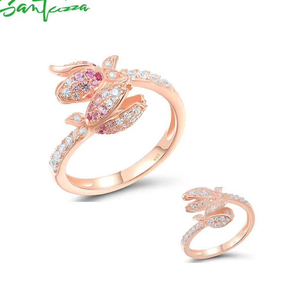 Authentic SANTUZZA Real 925 Sterling Silver Rings For Women Sparkling White CZ Created Ruby Pink Sapphire Flower Elegant Fine Jewelry