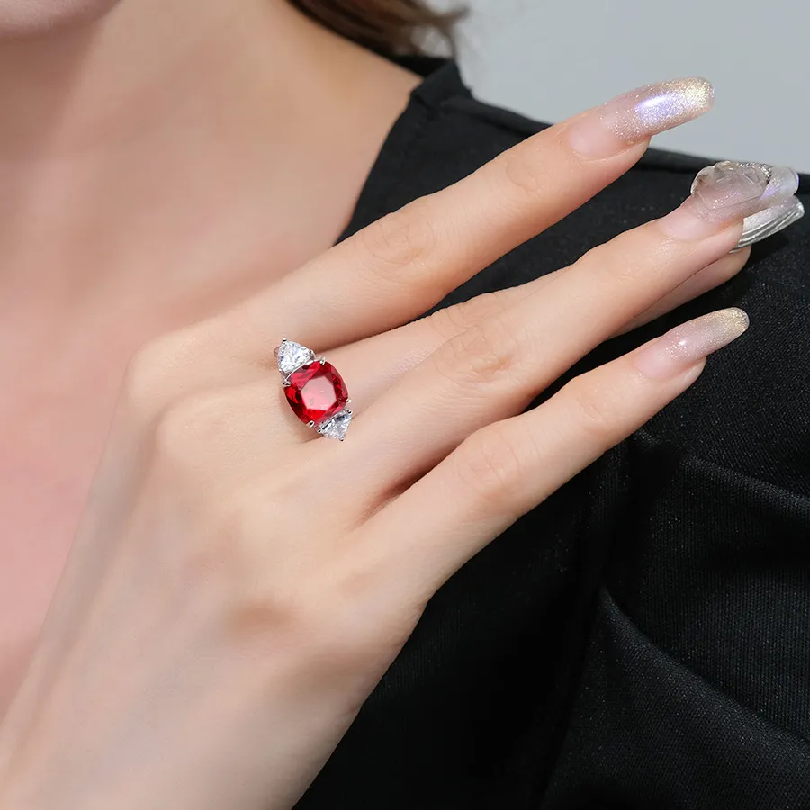 Authentic 1.9ct Square Created Red Ruby 925 Sterling Silver 3 Stone Ring Anillos for Women Heart Gemstone Jewelry Wedding Gifts