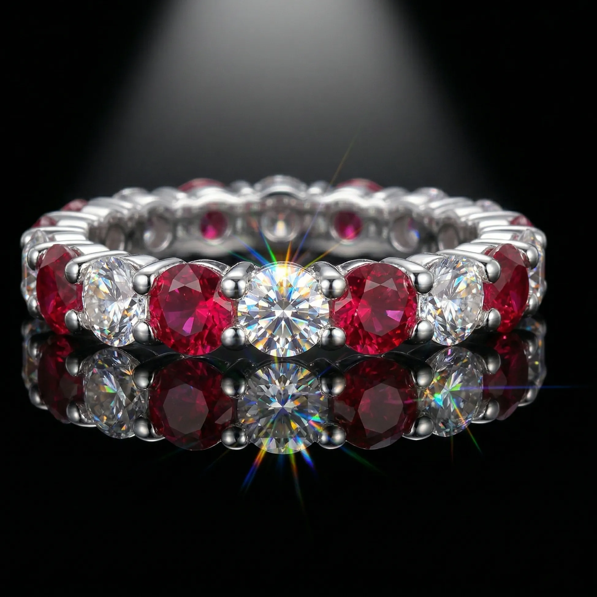 Authentic Moissanite Ring, 925 Sterling Silver, Lab Ruby & Moissanite Mixed, Full Pave, Jewelry, Women's, With Certificate