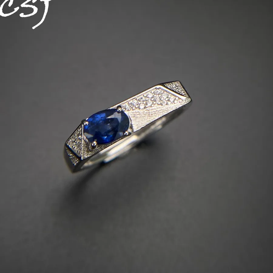 Authentic Elegant Natural Sapphire Ring Sterling 925 Silver Gemstone 4*6mm for Women Party Birthday Wedding Fine Jewelry
