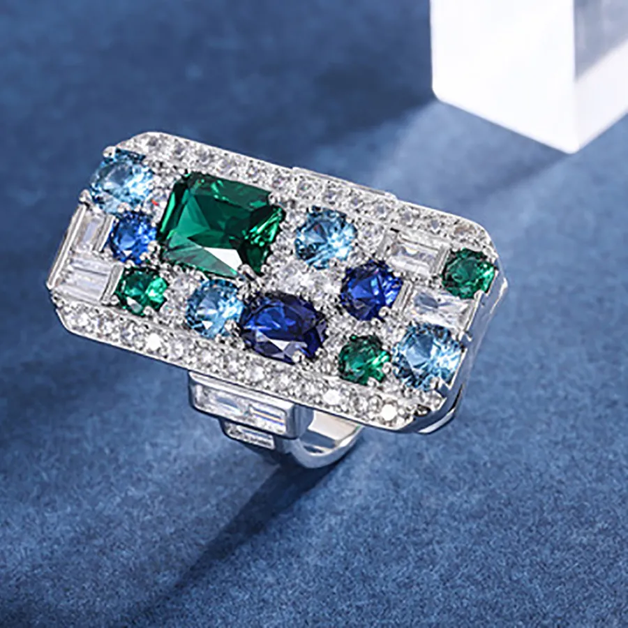 Authentic Emerald Sapphire Aquamarine Gemstone Cocktail Ring- Band Of Tranquil Power
