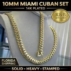 Authentic Miami Cuban Link SET Chain Necklace Bracelet 14k Gold Plated 10mm SOLID Box Lock