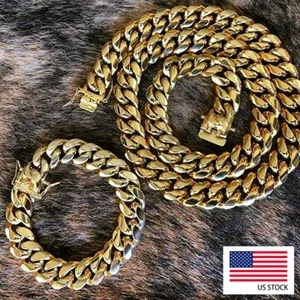Authentic Men's Miami Cuban Link Bracelet Chain Combo Set 14K Gold Plated