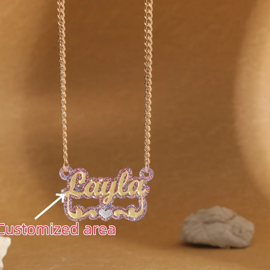 Authentic Personalized Acrylic Name Necklace Customized Heart-Shaped Cuban Chain Pendant Shimmering Gold Name Necklace Waterproof Material