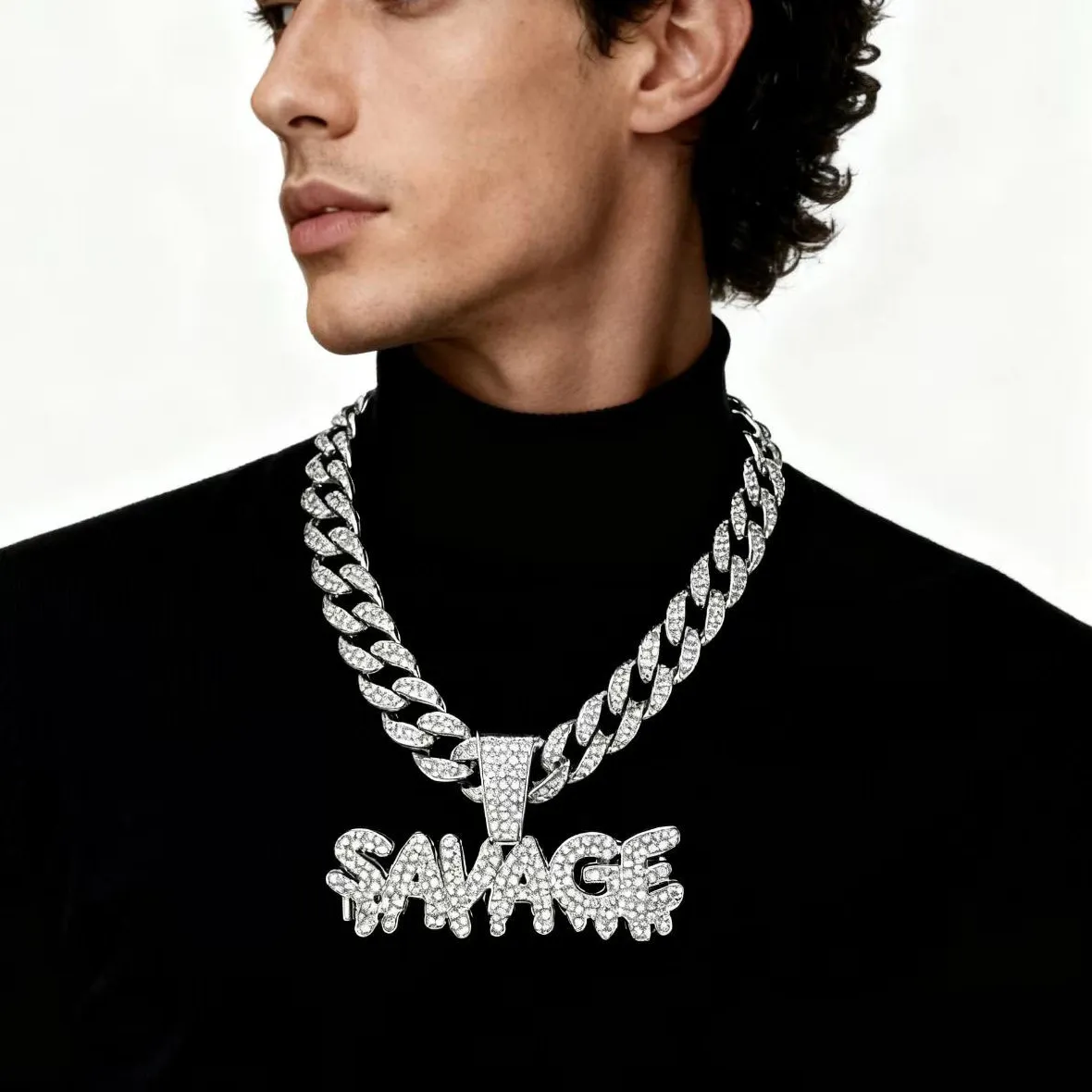 Authentic DIY accessories Wish AliExpress Alphabet SAVAGE Large Pendant Hip Hop Cuban Chain Street Rap Full Diamond Personality Neck