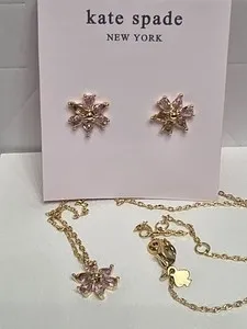 Authentic Kate Spade York Flower Gold Plated Pink Crystal Earrings Necklace Set