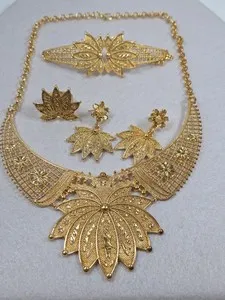 Authentic Luxurious Gold Plated Indian Bridal 4-Piece Jewelry Set, 22k Style Floral Filigr