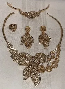 Authentic 4 Piece Gold Tone Gold Plated Metal Necklace Bracelet Earring Ring Set