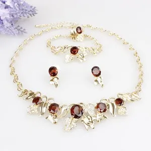 Authentic Gold Plated Crystal Leaf Topaz Gem 4 Piece Jewelry Set