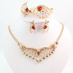 Authentic Gold Plated Red Crystal Gem Rhinestone Wing 4 Piece Jewelry Set