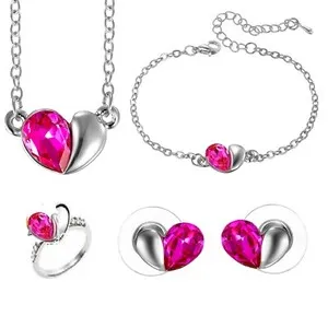 Authentic 4 PIECE WHITE GOLD PLATED AUSTRIAN CRYSTAL HEART SET No.22 HOT PINK/BLUE