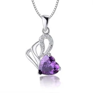 Authentic 4 piece White Gold Plated Purple Heart Zircon Bridal Prom Party Wedding Set