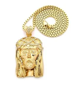 Authentic JAY-Z & KANYE WEST JESUS FACE PIECE WITH 4mm 36" BOX CHAIN GOLD PLATED.