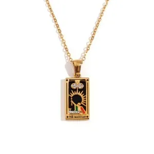 Authentic Gold Plated Square Colorful Enamel Tarot Card Pendant Necklace